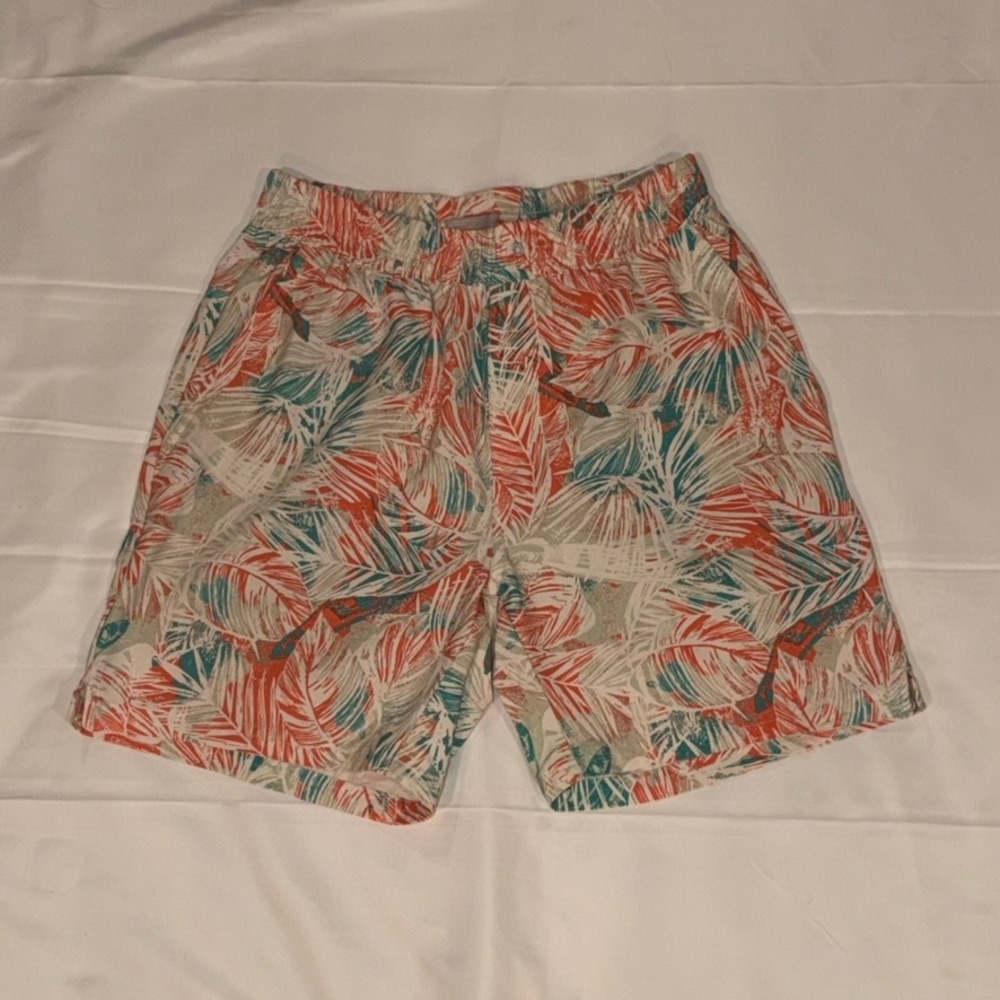 Columbia PFG Shorts Mens Small Coral Teal Tropical Palm Print Mesh Lined Fishing